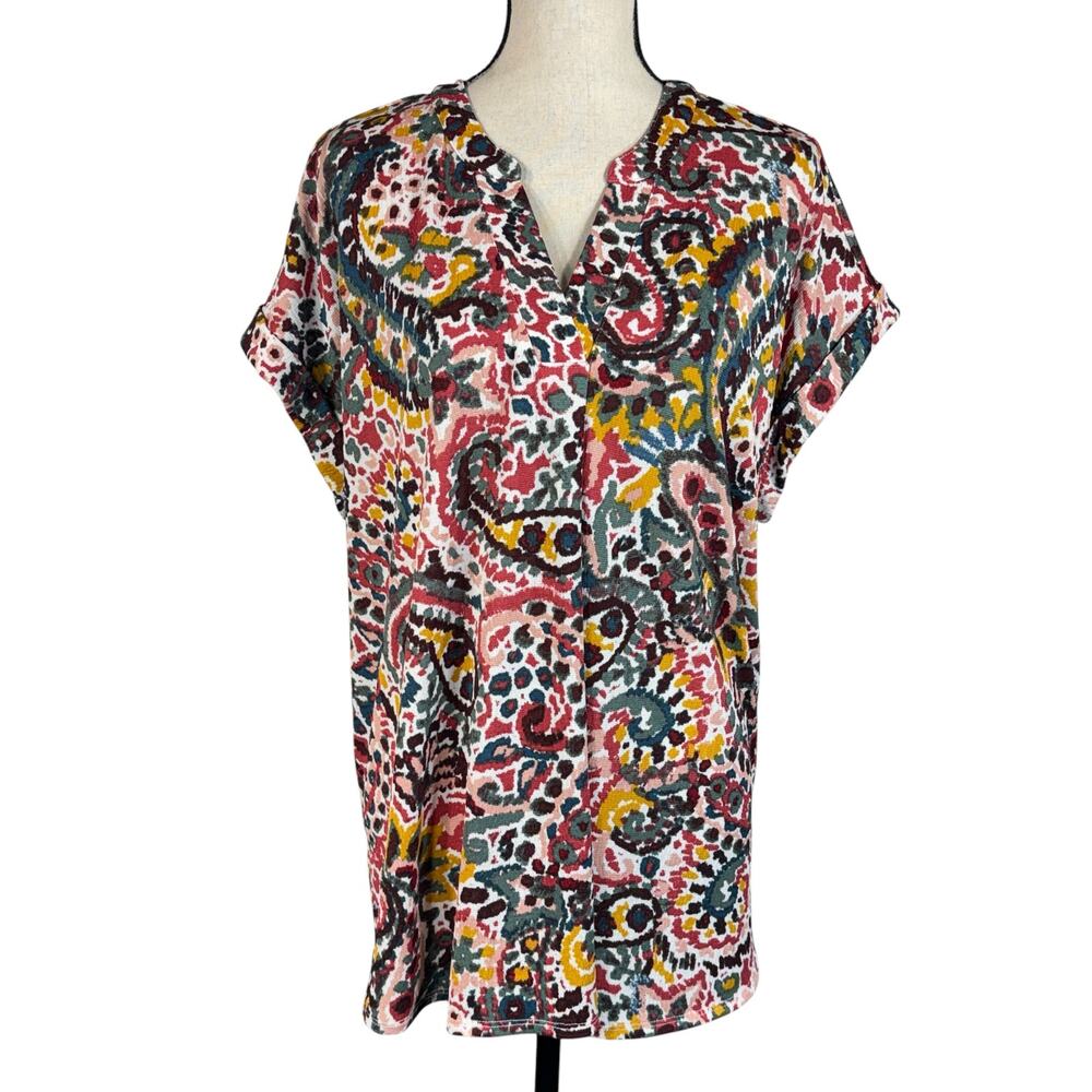 Fred David 1X-Large Top Paisley Stretch V-Neck Dolman Cap Sleeves Pullover Multi